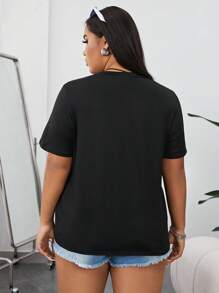 SHEIN EZwear Plus 标语图案 T 恤 REAL WOMEN HUSTLE HARD - 黑色 - 查看 3