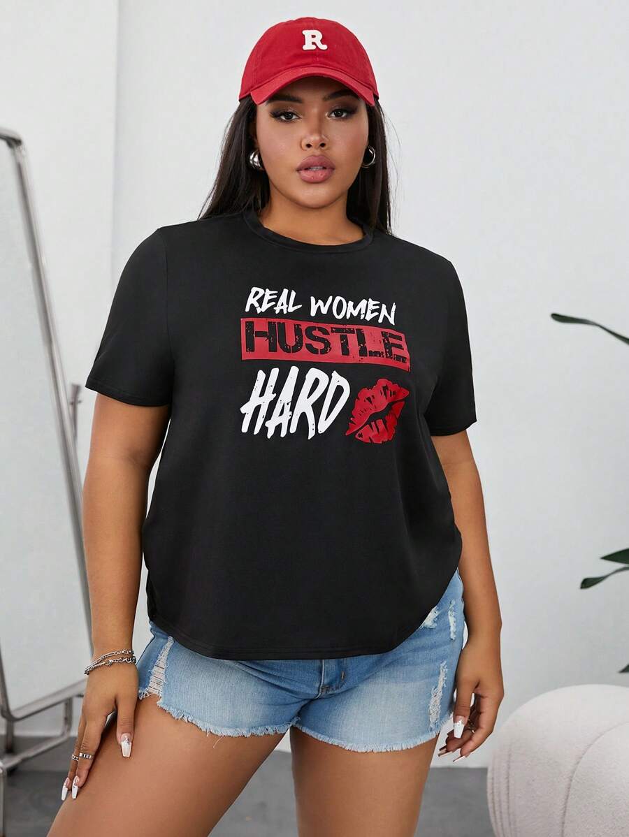 SHEIN EZwear Plus 标语图案 T 恤 REAL WOMEN HUSTLE HARD - 黑色 - 查看 1