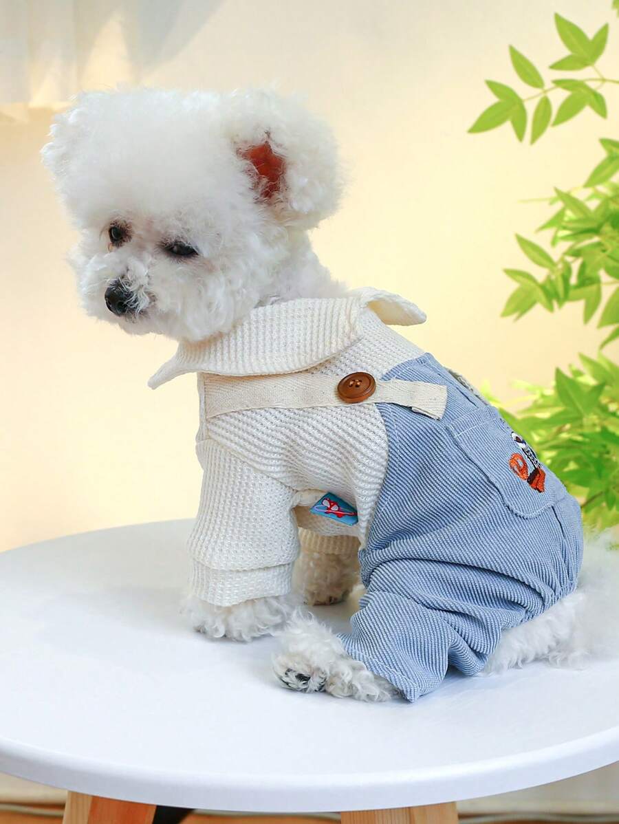 1 bộ áo liền quần thú cưng thêu cà phê cho chó và mèo cho cả mùa - Màu xanh lam - Xem 1