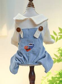 1 bộ áo liền quần thú cưng thêu cà phê cho chó và mèo cho cả mùa - Màu xanh lam - Xem 5