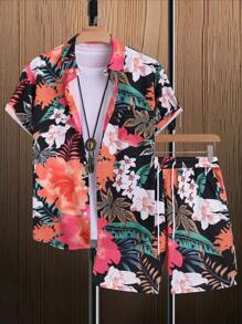 Manfinity RSRT Men Floral Print Shirt & Drawstring Waist Shorts Without Tee, Beach Vacation Clolorful Set - Multicolor - View 7