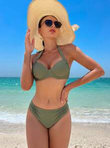 SHEIN Swim Halter Push Up Bikini Set For Summer Beach - Army Green - View 3