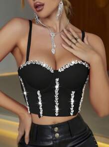 Apperloth A Top de tirantes corsé bustier ribete con cuenta con diamante de imitación - Negro - Ver 1