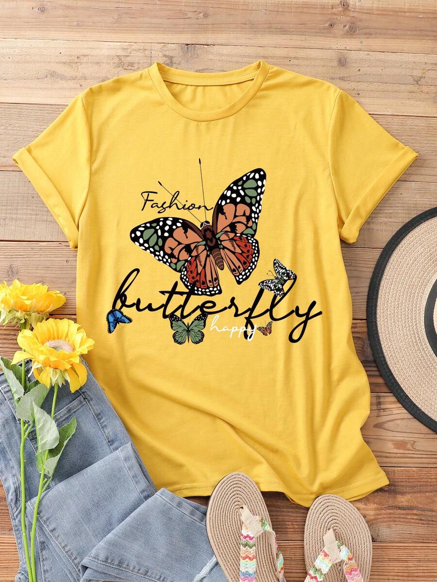 SHEIN LUNE Áo thun nữ Lá thư Loại bướm Giải trí - Màu vàng - Xem 1