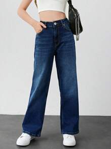 RueChic 青少年女孩斜口袋直筒牛仔褲 - 深色水洗藍 - 查看 1