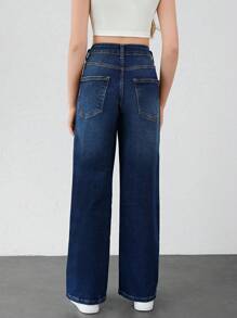 RueChic 青少年女孩斜口袋直筒牛仔褲 - 深色水洗藍 - 查看 2