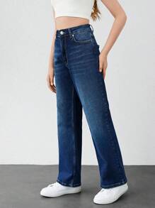 RueChic 青少年女孩斜口袋直筒牛仔褲 - 深色水洗藍 - 查看 4