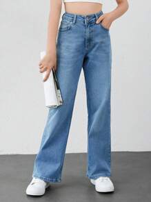 RueChic Teen Girls Slant Pocket Straight Leg Jeans - Light Wash - View 1