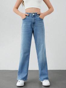 RueChic Teen Girls Slant Pocket Straight Leg Jeans - Light Wash - View 4