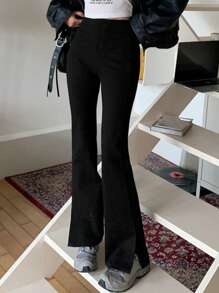 Solid Slit Hem Flare Leg Trousers - Black - View 1
