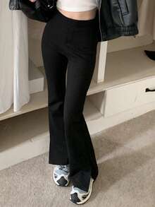 Solid Slit Hem Flare Leg Trousers - Black - View 3