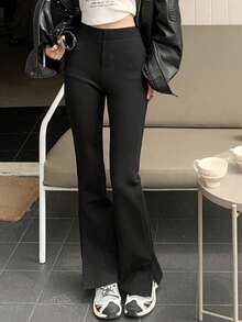 Solid Slit Hem Flare Leg Trousers - Black - View 7