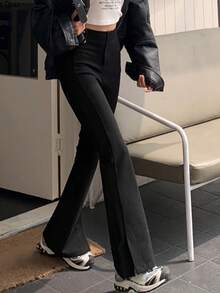 Solid Slit Hem Flare Leg Trousers - Black - View 8