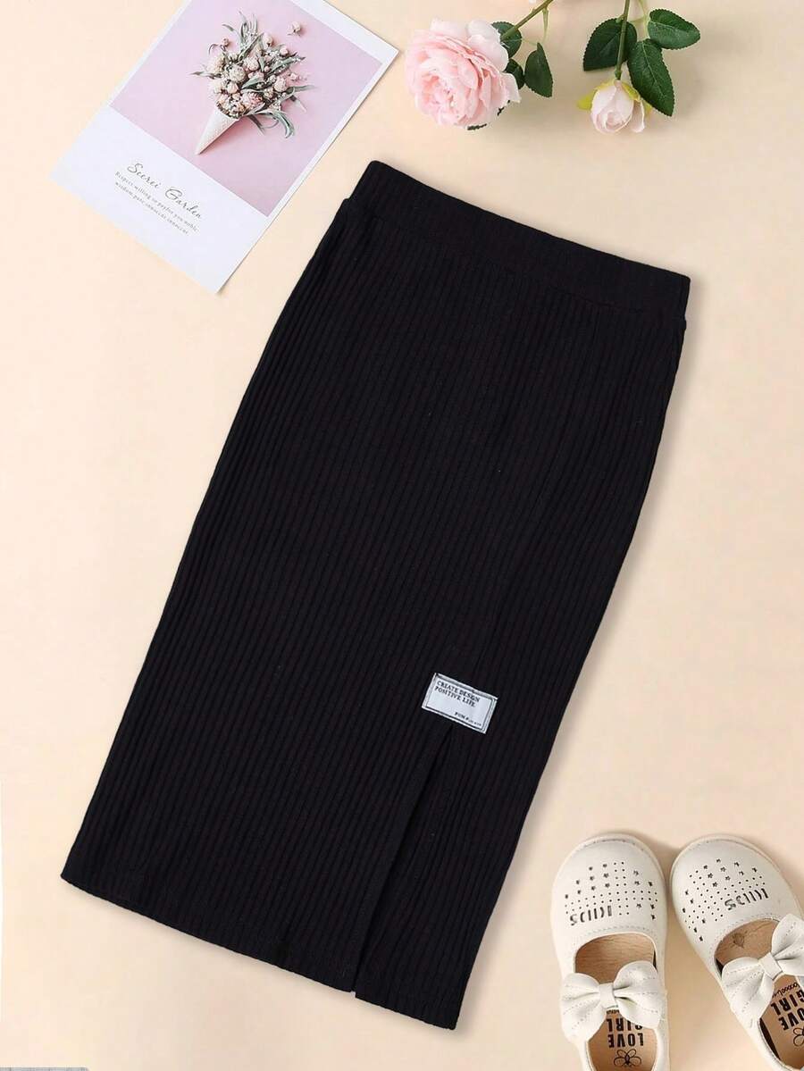 RueChic Chicas Falda con diseño de parche de letra bajo con abertura tejido de canalé - Negro - Ver 1