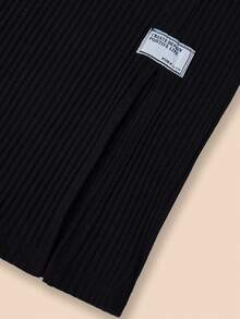 RueChic Chicas Falda con diseño de parche de letra bajo con abertura tejido de canalé - Negro - Ver 3