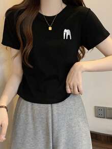 Cartoon Embroidered Crop Tee - White - View 3