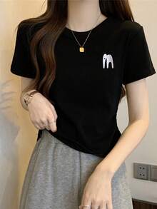 Cartoon Embroidered Crop Tee - White - View 6