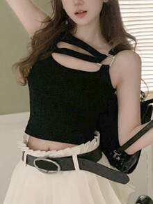 Top tank crop unicolor con abertura delantera - Negro - Ver 4