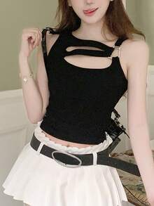 Top tank crop unicolor con abertura delantera - Negro - Ver 5