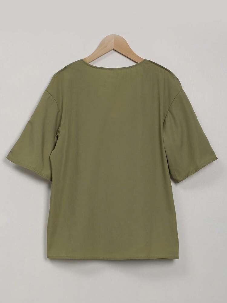 Solid Button Front Raglan Sleeve Blouse - Olive Green - View 2