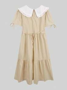 Vestido en contraste de cuello exagerado de manga farol bajo con fruncido - Albaricoque - Ver 2