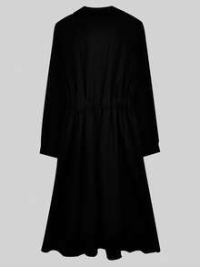 Solid Button Front Shirt Dress - Black - View 2
