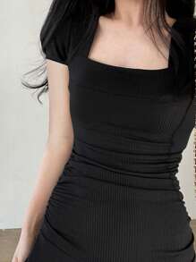 素色褶邊荷葉邊連衣裙 - 黑色 - 查看 3