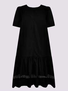 Vestido smock unicolor bajo con fruncido - Negro - Ver 2