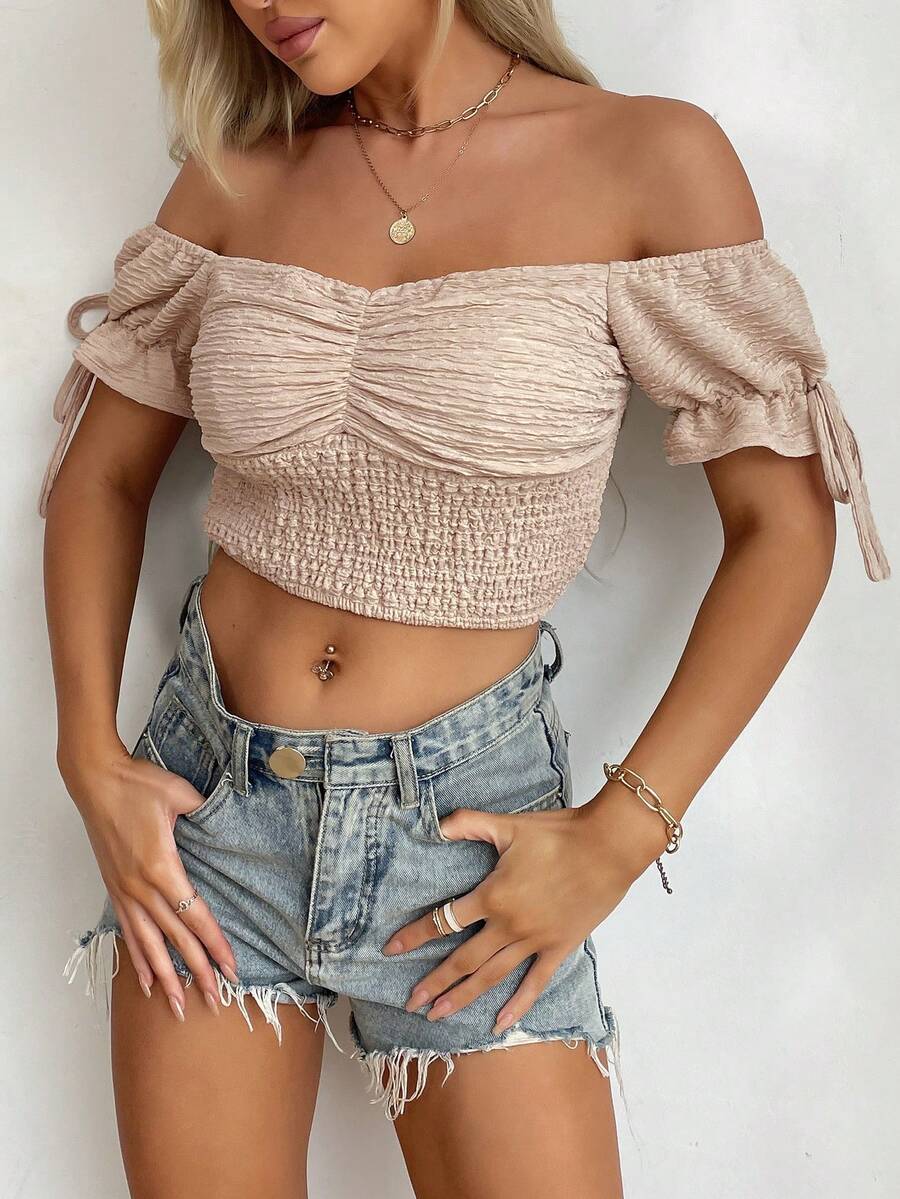 Off Shoulder Knot Cuff Ruched Bust Crop Top - Apricot - View 1
