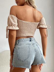 Off Shoulder Knot Cuff Ruched Bust Crop Top - Apricot - View 2