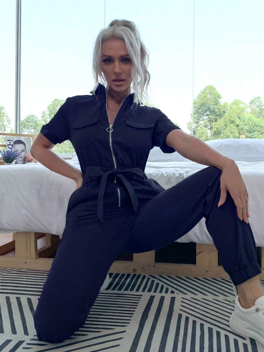 Eilly Bazar Áo liền quần nữ Thắt lưng Túi Dây kéo màu trơn Giải trí - Màu xanh hải quân - Xem 1