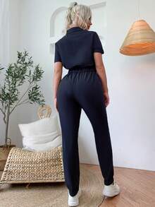 Eilly Bazar Áo liền quần nữ Thắt lưng Túi Dây kéo màu trơn Giải trí - Màu xanh hải quân - Xem 2