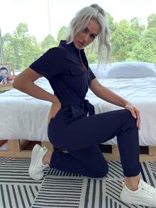 Eilly Bazar Áo liền quần nữ Thắt lưng Túi Dây kéo màu trơn Giải trí - Màu xanh hải quân - Xem 4