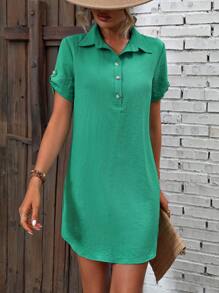 SHEIN LUNE Half Button Roll Up Sleeve Tunic Dress - Green - View 1