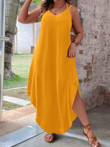 SHEIN LUNE Đầm Plus Size Chia màu trơn Giải trí - Màu vàng - Xem 1