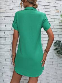 SHEIN LUNE Half Button Roll Up Sleeve Tunic Dress - Green - View 2