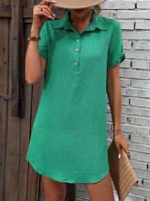 SHEIN LUNE Half Button Roll Up Sleeve Tunic Dress - Green - View 3