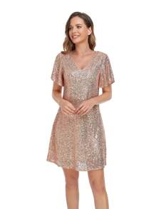 Summer Women's Sequined V-Neck Straight Loose Dress,Party Versatile Fashion Dress - Gold - View 1