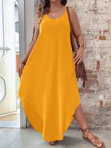 SHEIN LUNE Đầm Plus Size Chia màu trơn Giải trí - Màu vàng - Xem 3