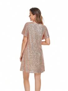 Summer Women's Sequined V-Neck Straight Loose Dress,Party Versatile Fashion Dress - Gold - View 2
