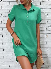 SHEIN LUNE Half Button Roll Up Sleeve Tunic Dress - Green - View 4
