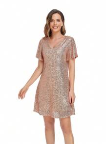 Summer Women's Sequined V-Neck Straight Loose Dress,Party Versatile Fashion Dress - Gold - View 3