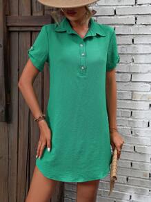 SHEIN LUNE Half Button Roll Up Sleeve Tunic Dress - Green - View 5