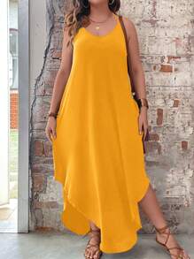 SHEIN LUNE Đầm Plus Size Chia màu trơn Giải trí - Màu vàng - Xem 5