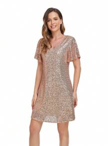 Summer Women's Sequined V-Neck Straight Loose Dress,Party Versatile Fashion Dress - Gold - View 4