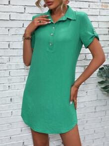 SHEIN LUNE Half Button Roll Up Sleeve Tunic Dress - Green - View 6