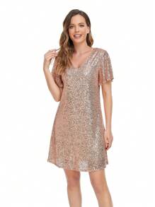 Summer Women's Sequined V-Neck Straight Loose Dress,Party Versatile Fashion Dress - Gold - View 5