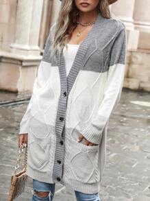 Cárdigan de color combinado con doble bolsillo con botón delantero - Multicolor - Ver 1