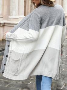 Cárdigan de color combinado con doble bolsillo con botón delantero - Multicolor - Ver 2