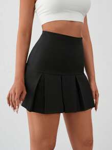 EURMUSE Ladies' Sexy Solid Color Hip-Hugging Pleated A-Line Mini Skirt - Black - View 3